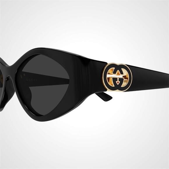 New GUCCI Sunglasses Black Gold Oval Cat Eye Womens Grey Lens 52-17-135mm